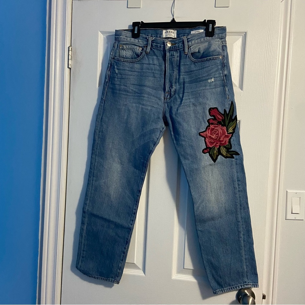 Frame Denim Women’s Blue Jeans Le Original with Floral Embroidery Size 28
